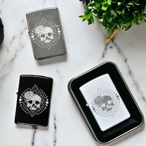 Custom Flip-Top Lighters, Personalized Engraving, Refillable, Cute Sugar Skull, Stylish Gift in Black, White, Silver, Unique Pocket Lighter