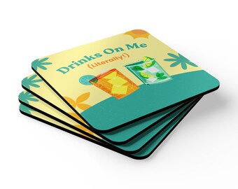 Drinks On Me (Literally!) Cork Coaster Set | Cocktail Lime Summer Bar Coasters