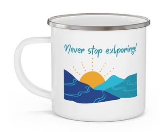 Enamel Camping Mug | Mountain Sunrise Illustration, Outdoor Adventure Drinkware