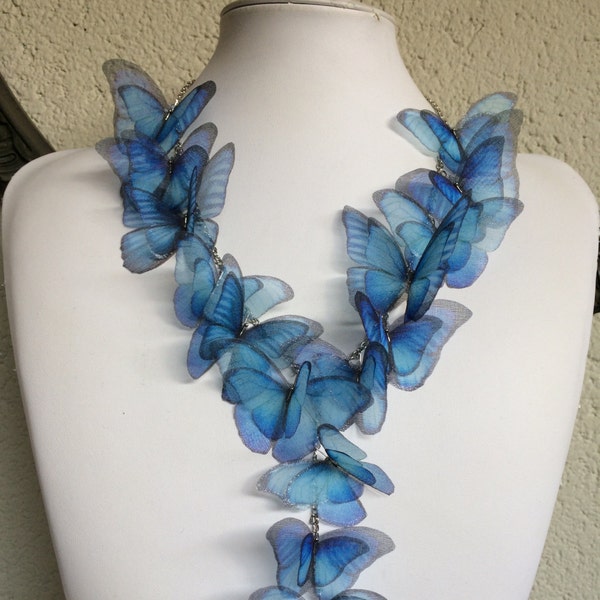 Butterfly Necklace, Blue Morpho Butterfly, Blue Silk Organza, Organza Butterfly, Silk Jewelry, Statement Necklace