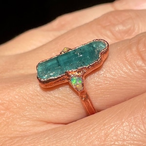 Raw Tourmaline Ring, Opal Ring, Copper Ring, Bohemian Ring, Statement Ring, Gemstone Ring, Electroformed Ring, Crystal Ring, Ethiopian Opal