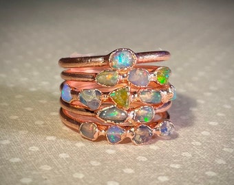 Raw Opal Ring, Dainty Opal Ring, Stacking Opal Ring, Stack, Copper Opal Ring, Electroformed Opal Ring, October Birthstone Ring