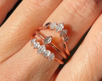 Herkimer Diamond Ring, Raw Crystal Ring, Dainty Ring, Stacking Ring, Copper Ring, V Ring, Chevron Ring, Bohemian Ring, April Birthstone