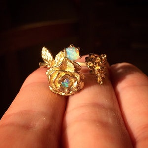 Opal Ring, Raw Brass Flower Ring, Floral Ring, Raw Gemstone Ring, Twig Branch Ring, Adjustable Ring, October Birthstone, Ethiopian Welo Opal