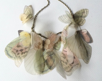Butterfly and Wings Necklace in Pastel Pink, Green, Yellow Silk Organza, Statement Necklace, Butterfly Necklace, Organza Butterfly