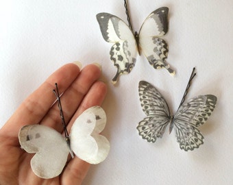 Handmade Butterfly (Swallowtail) Hair Bobby Pin in White and Black Cotton and Silk Organza Fabric - 3 pieces