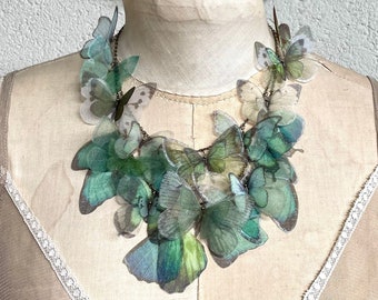 Butterfly Necklace, Wings Necklace, Silk Butterfly, Organza Butterfly, Silk Jewelry, Statement Necklace, Teal Butterfly, Green Butterfly