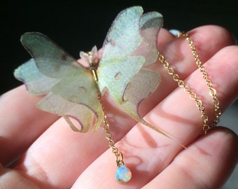 Luna Moth Necklace, Opal Necklace, Silk Organza Luna Moth, Raw Ethiopian Opal, Dainty Necklace, Boho Necklace, Gold Choker Necklace