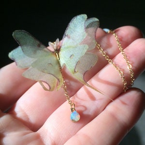 Luna Moth Necklace, Opal Necklace, Silk Organza Luna Moth, Raw Ethiopian Opal, Dainty Necklace, Boho Necklace, Gold Choker Necklace