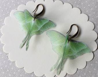 Luna Moth Earrings, Actias Luna, Butterfly Earrings, Silk Butterfly, Butterfly Earrings Dangle, Silk Organza Fabric, Green Butterfly