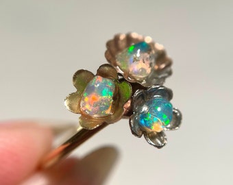 Opal Ring, Raw Brass Flower Ring, Floral Opal Ring, Raw Gemstone Ring, Woodland Ring, Botanical Ring, October Birthstone, Ethiopian Opal