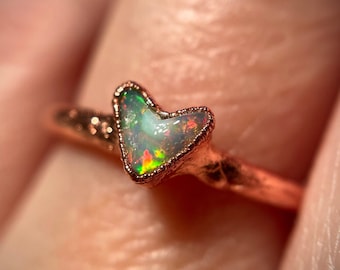 Raw Opal Ring, Size US 5, Heart Ring, Stacking Ring, Copper Opal Ring, Electroformed Copper Ring, October Birthstone Ring, Ethiopian Opal