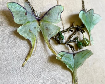Luna Moth Necklace, Butterfly Necklace, Twig Pendant, Branch Necklace, Silk Butterfly, Paper Rosebuds, Botanical Necklace, Statement Jewelry