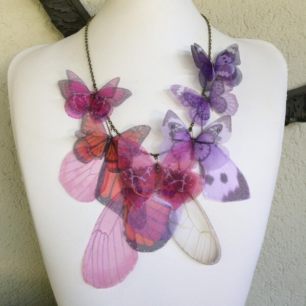 Handmade Butterfly Necklace, Pink Fucsia Lilac and Orange Silk Organza Fabric Butterflies Moths and Wings Necklace, Statement Necklace