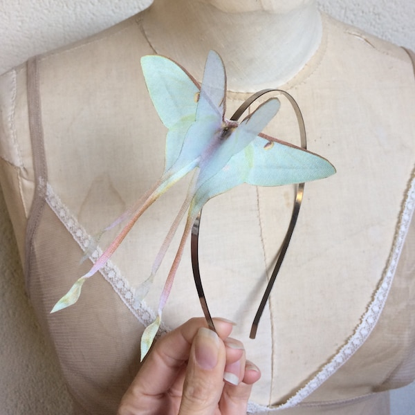 Butterfly Hair band, Butterfly Headband, Luna Moth Hair, Chinese Luna Moth, Actias Dubernardi, Silk Butterfly, Cotton Butterfly, Fabric Moth