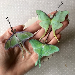 Luna Moth Hair Pin Collection, Butterfly Hair Pin, Luna Moth Hair Accessories, Green Cotton and Silk Organza, Fabric Butterfly - 3 pieces