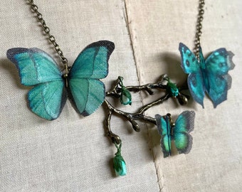 Butterfly Necklace, Twig Pendant, Branch Necklace, Teal Butterfly, Silk Butterfly, Paper Rosebuds, Botanical Necklace, Statement Necklace