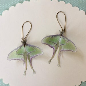 Luna Moth Earrings in Silk Organza, Actias Luna, Butterfly Earrings Antique Bronze