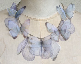 Butterfly Dragonfly and Wings Necklace in Pale Blue Silk Organza, Silk Butterfly, Statement Necklace, Butterfly Necklace, Organza Butterfly