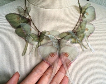 Luna Moth Necklace, Wings Necklace, Butterfly Necklace, Sage Green Silk Organza, Actias Luna Necklace, Silk Butterfly, Statement Necklace