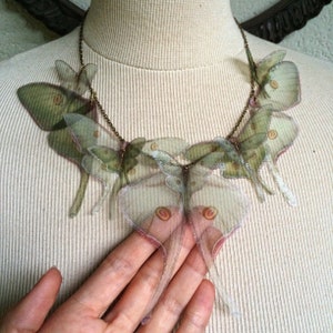 Luna Moth Necklace, Wings Necklace, Butterfly Necklace, Sage Green Silk Organza, Actias Luna Necklace, Silk Butterfly, Statement Necklace Antique Bronze Chain