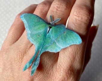 Luna Moth Ring, Butterfly Ring, Fluttering Butterflies, Silk Butterfly, Fabric Butterfly