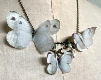 Butterfly Necklace, Twig Pendant, Branch Necklace, White Butterfly, Silk Butterfly, Paper Rosebuds, Botanical Necklace, Statement Necklace