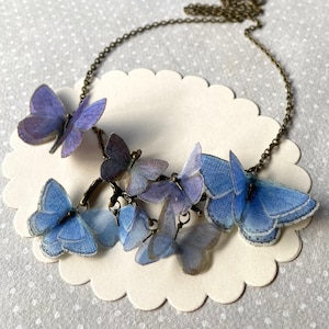 Butterfly Necklace, Twig Pendant, Branch Necklace, Adonis Blue Butterfly, Silk Butterfly, Fabric Butterfly, Botanical Necklace, Silk Organza