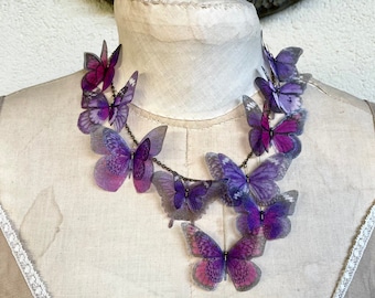 Butterfly Necklace, Purple Lilac Lavender and Pink Fucsia Silk Organza, Statement Necklace, Organza Butterfly