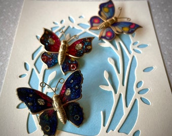 Vintage Butterfly Pin, Vintage Butterfly Brooch, Set of Three Items, Enamel Brooch Pin, Enamel Butterfly Pin, Insect Brooch Vintage