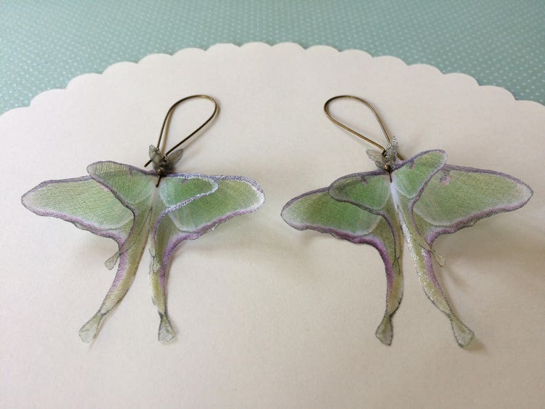 Luna Moth Earrings in Silk Organza, Actias Luna, Butterfly Earrings image 4