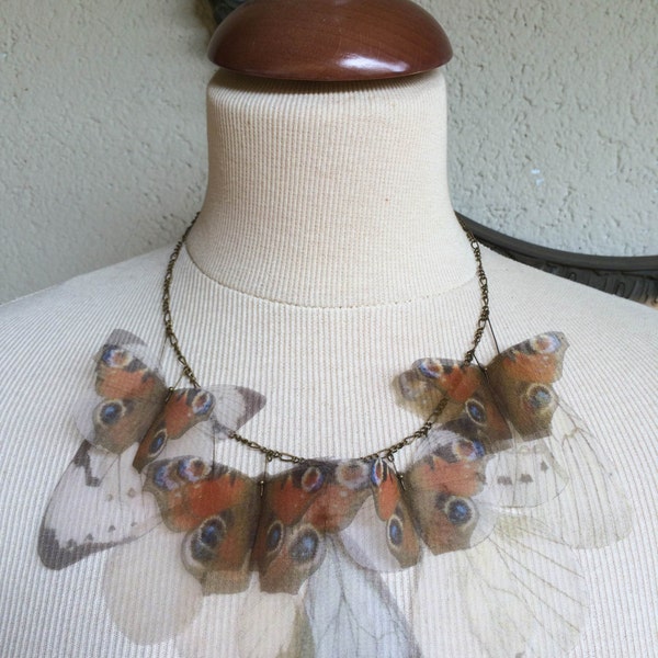 I Will Fly Away - Handmade Vanessa (Inachis Io) Silk Organza Butterflies and Wings Necklace - One of a Kind