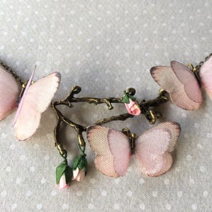 Butterfly Necklace, Twig Pendant, Branch Necklace, Pink Butterfly, Silk Butterfly, Paper Rosebuds, Botanical Necklace, Statement Necklace