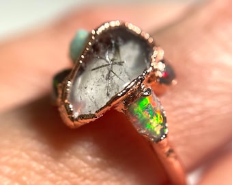 Rutilated Quartz Ring, Opal Ring, Copper Ring, Bohemian Ring, Statement Ring, Gemstone Ring, Electroformed, Crystal Ring, Ethiopian Opal