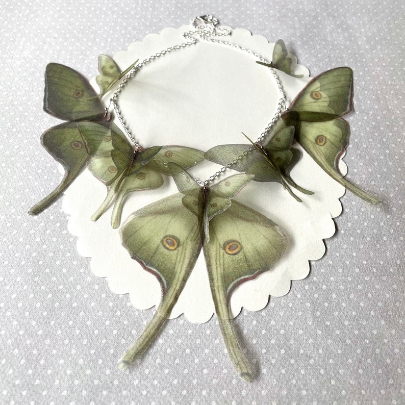 Luna Moth Necklace, Wings Necklace, Butterfly Necklace, Sage Green Silk Organza, Actias Luna Necklace, Silk Butterfly, Statement Necklace image 7