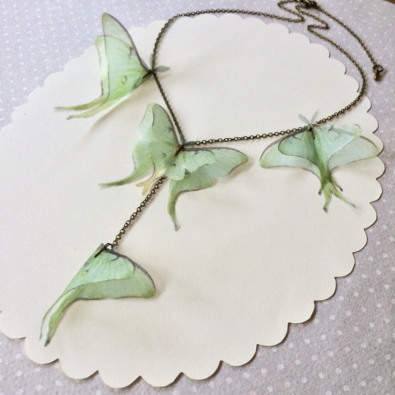 Luna Moth Necklace, Butterfly Necklace, Organza Butterfly, Sage Green Butterfly, Silk Butterfly, Actias Luna Necklace, Statement Necklace image 9