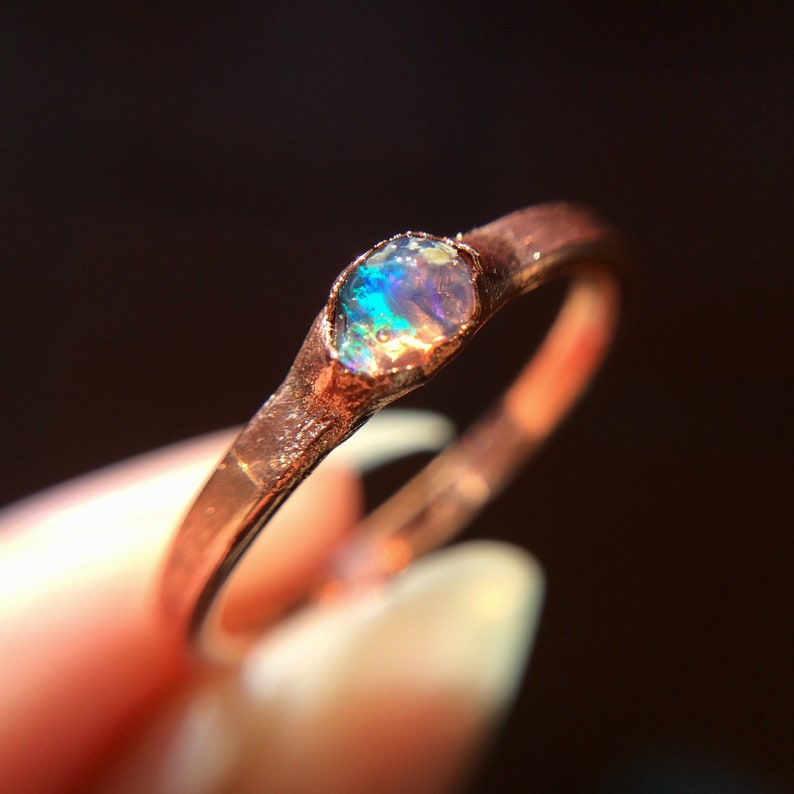 Raw Opal Ring, Dainty Opal Ring, Stacking Opal Ring, Stack, Copper Opal Ring, Electroformed Opal Ring, October Birthstone Ring image 4