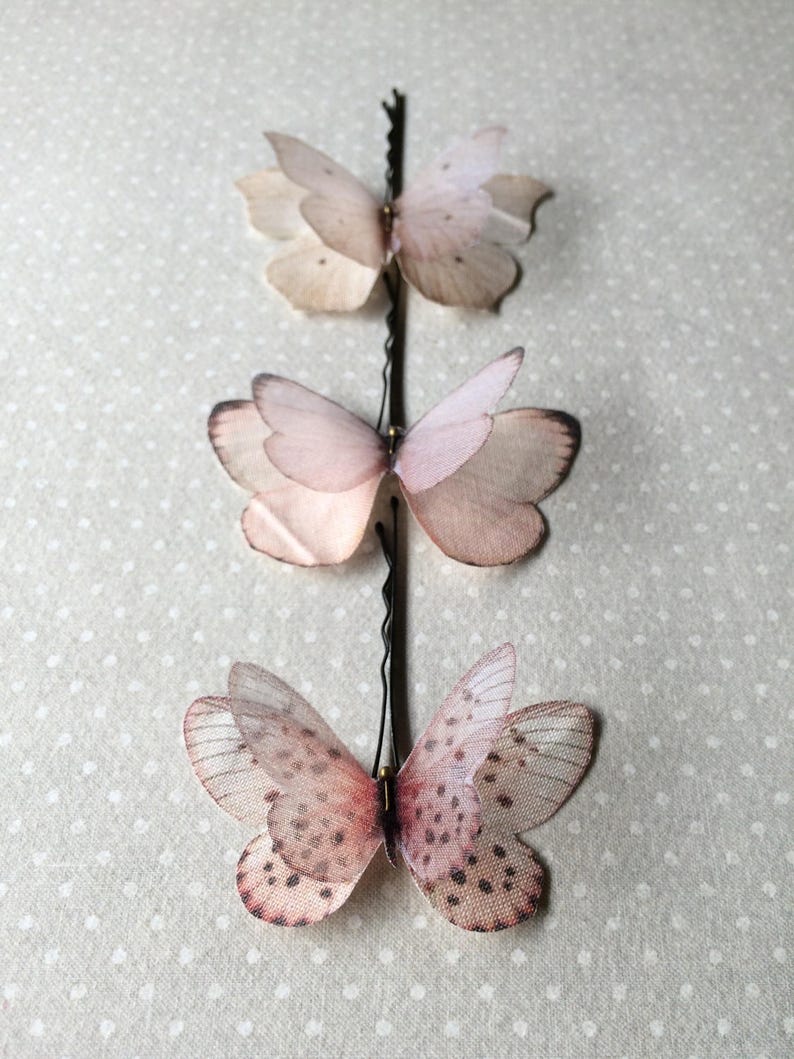 Butterfly Hair Pin, Butterfly Hairpin, Butterfly Hair Accessories in Light and Blush Pink Cotton and Silk Organza Fabric 3 pieces image 3