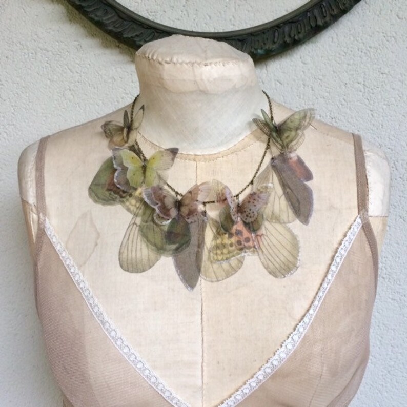 Butterfly and Wings Necklace in Pastel Pink, Green, Yellow Silk Organza, Statement Necklace, Butterfly Necklace, Organza Butterfly image 9