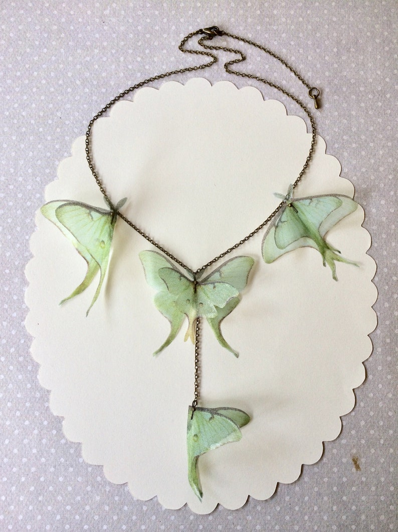 Luna Moth Necklace, Butterfly Necklace, Organza Butterfly, Sage Green Butterfly, Silk Butterfly, Actias Luna Necklace, Statement Necklace image 3