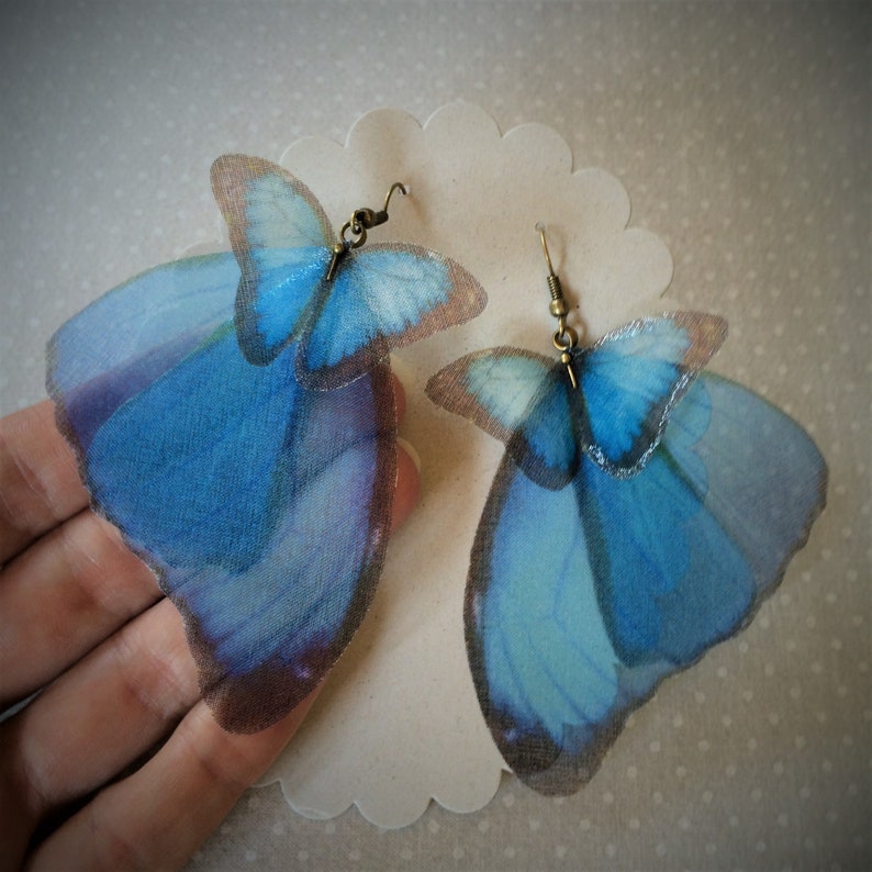 Butterfly Earrings, Morpho Butterfly, Wings Earrings, Silk Organza, Silk Butterfly Earrings, Organza Butterfly Earrings, Blue Butterfly image 6