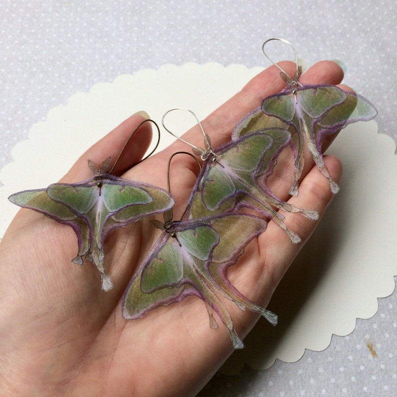 Luna Moth Earrings in Silk Organza, Actias Luna, Butterfly Earrings image 9