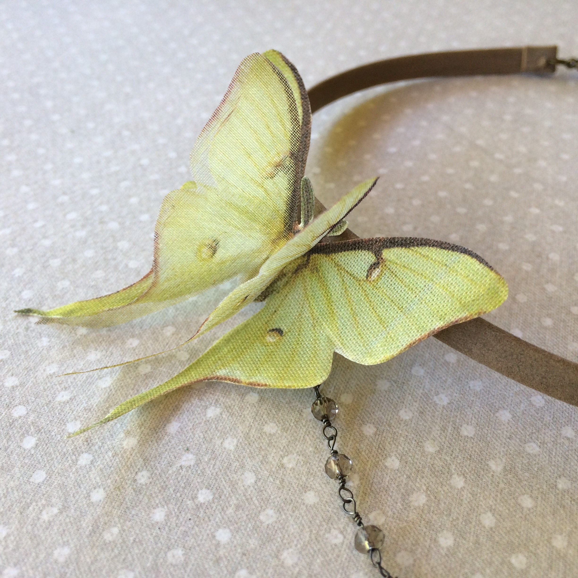 Moth Chain Luna Moth Choker, Luna Moth Necklace, Genuine Taupe Distressed Leather ...