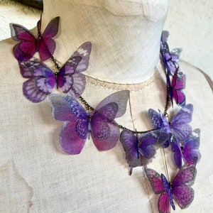 Butterfly Necklace, Purple Lilac Lavender and Pink Fucsia Silk Organza, Statement Necklace, Organza Butterfly image 2