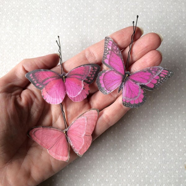 Butterfly Butterfly haarspeld, Hair Pin, Butterfly haaraccessoires in Fucsia Pink katoen en zijde Organza stof - 3 stuks