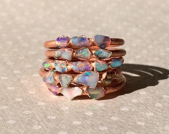 Raw Opal Ring, Dainty Opal Ring, Stacking Opal Ring, Stack, Copper Opal Ring, Electroformed Opal Ring, October Birthstone Ring