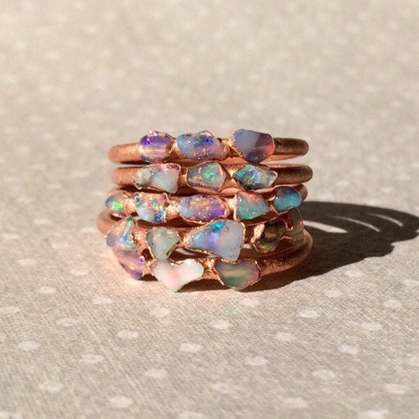 Raw Opal Ring, Dainty Opal Ring, Stacking Opal Ring, Stack, Copper Opal Ring, Electroformed Opal Ring, October Birthstone Ring