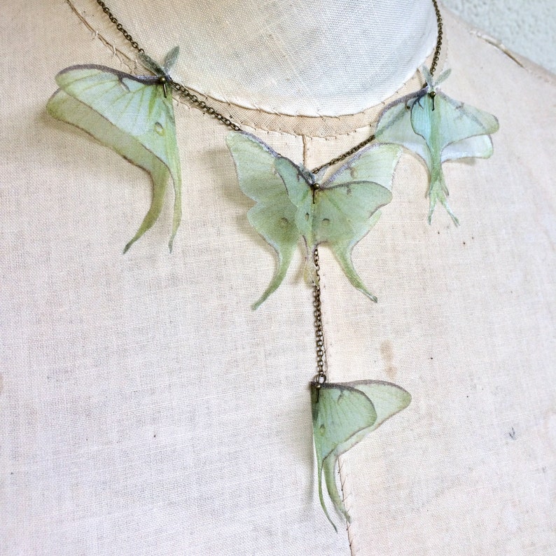 Luna Moth Necklace, Butterfly Necklace, Organza Butterfly, Sage Green Butterfly, Silk Butterfly, Actias Luna Necklace, Statement Necklace image 7