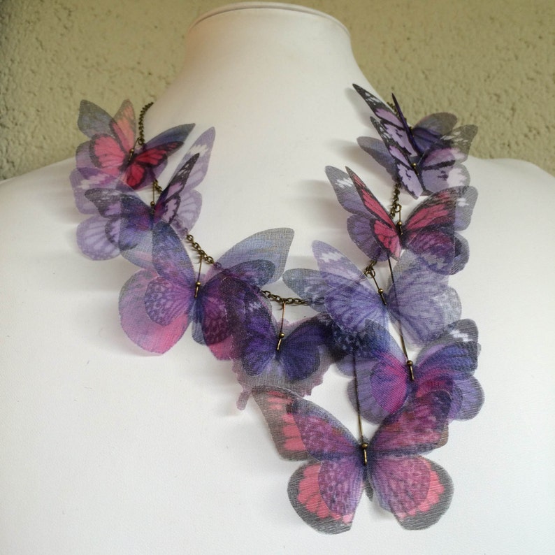 Butterfly Necklace, Purple Lilac Lavender and Pink Fucsia Silk Organza, Statement Necklace, Organza Butterfly image 8