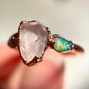 Rose Quartz Ring, Opal Ring, Copper Ring, Bohemian Ring, Statement Ring, Gemstone Ring, Electroformed Ring, Crystal Ring, Ethiopian Opal
